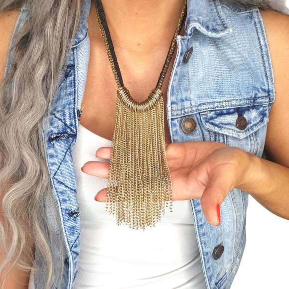 Black Rope Gold Chain Necklace Fringe Dressy Evening Boho Gypsy Punk - Picture 2 of 6